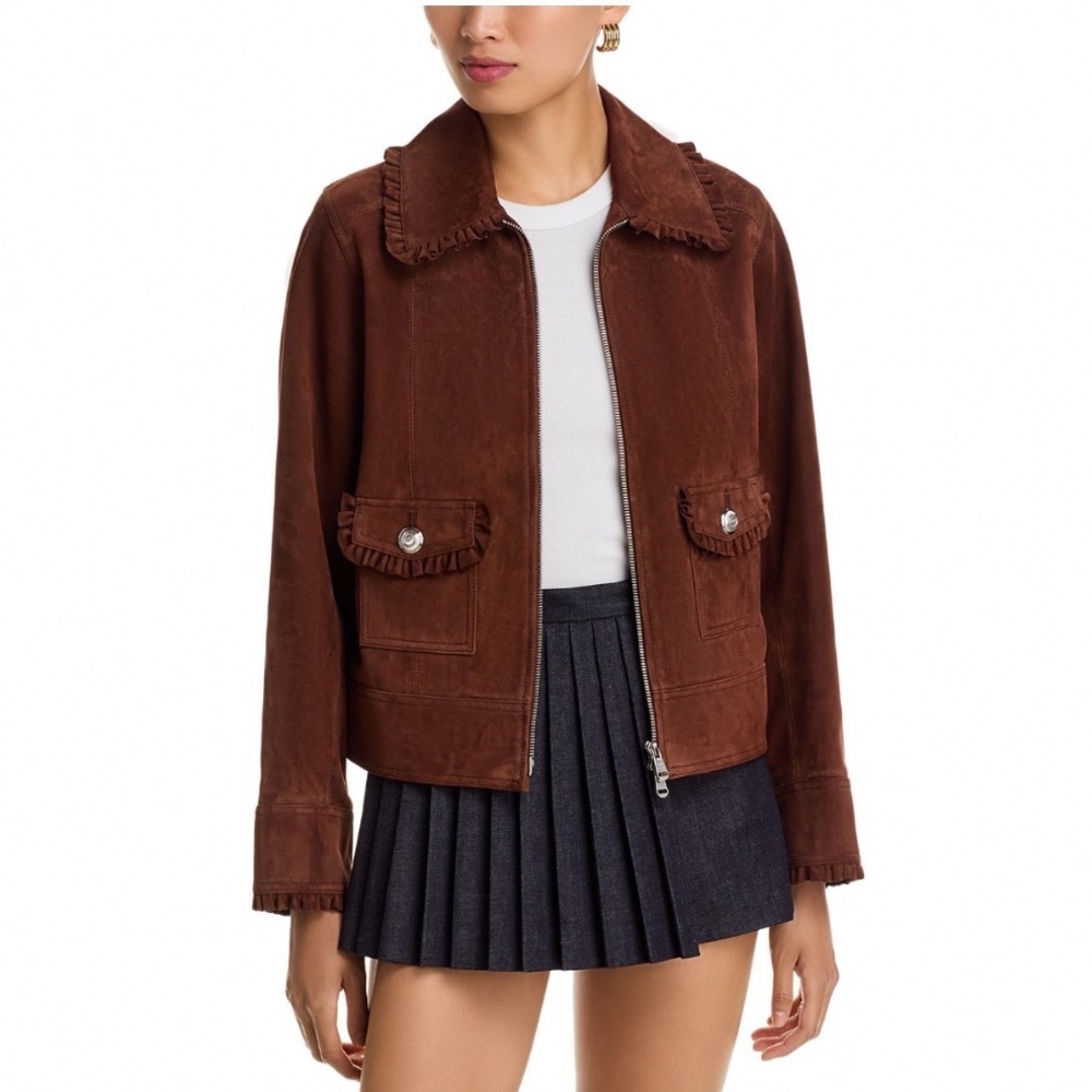 Cinq a Sept Suede Sybil Jacket Dark Sepia Brown‎ Ruffle Leather XS 5563413